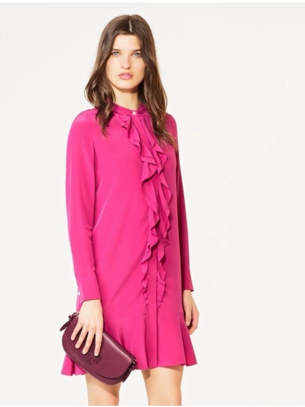 Tory Burch Fuchsia Ruffle-Front Long-Sleeve Dress